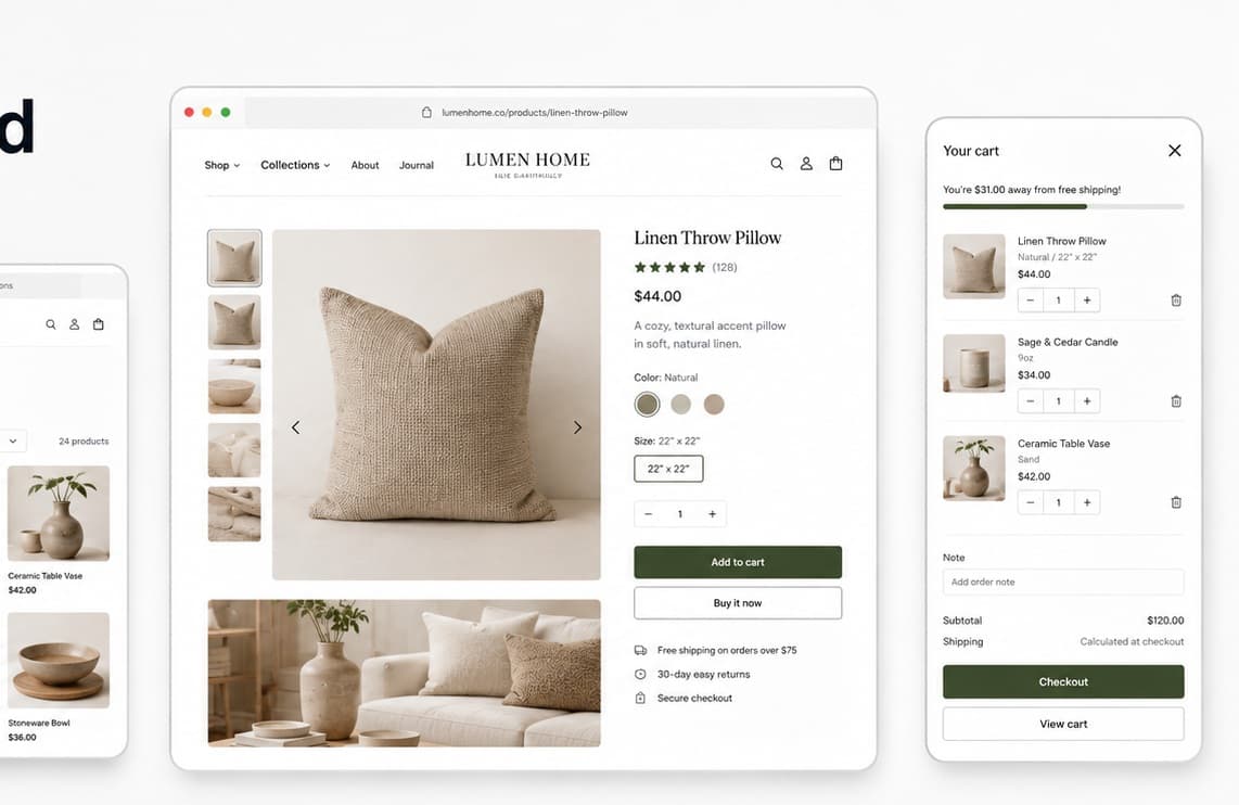 Collections, product pages and cart