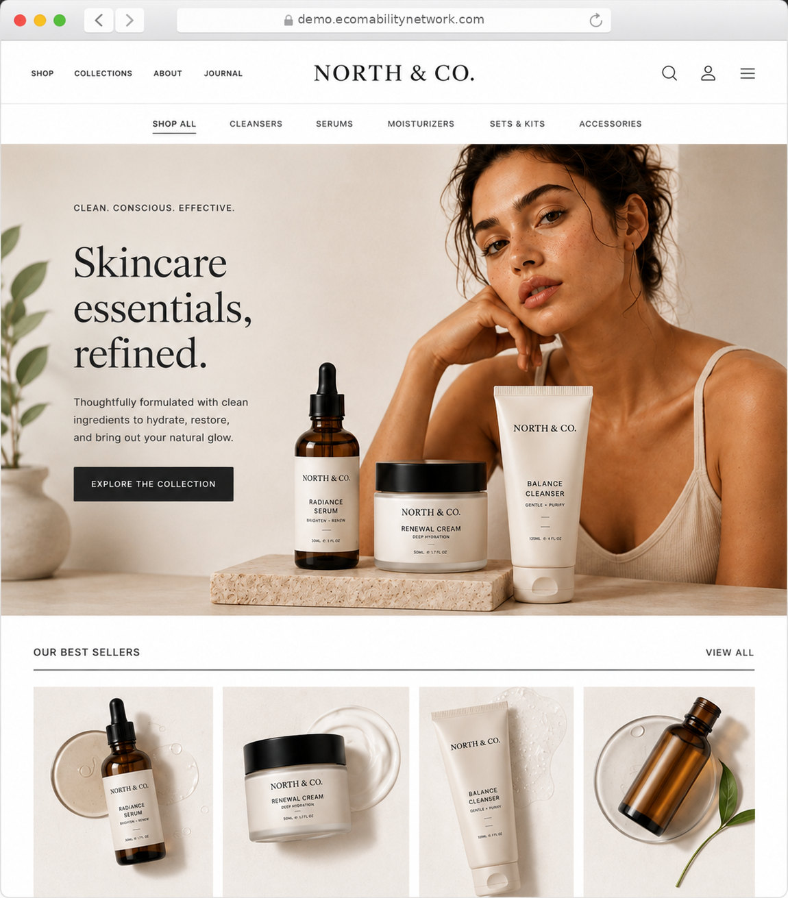 Modern store style — a design preview of the Shopify Horizon theme, using a fictional brand