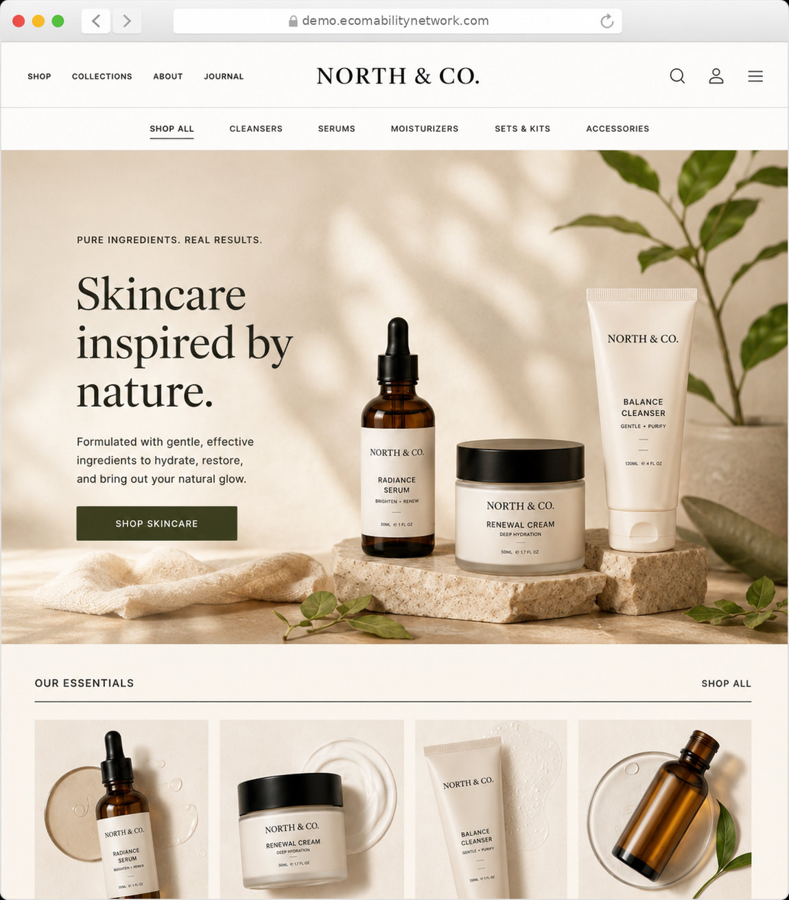Natural store style — a design preview of the Shopify Sense theme, using a fictional brand